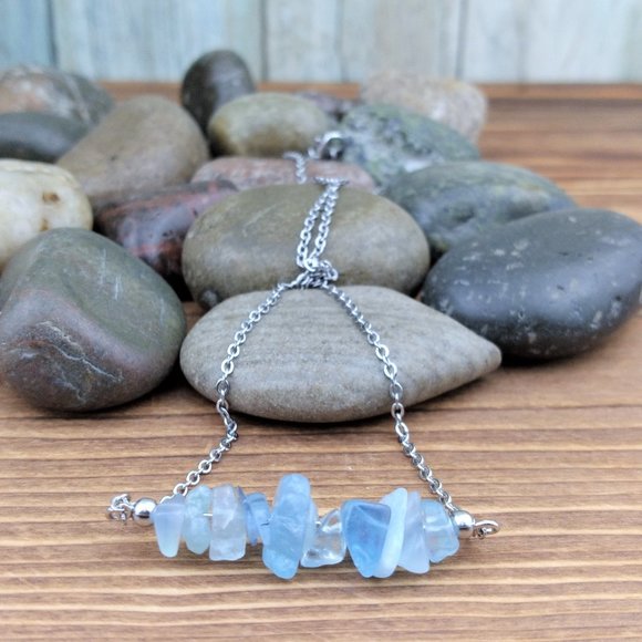 Jewelry - Light Blue Aquamarine Chip Nugget Bar Charm Stainless Steel Chain Necklace